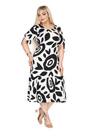 Melsay Butik Beyaz Nazar Desen Kolları Bağlamalı Kısa Kollu Elbise