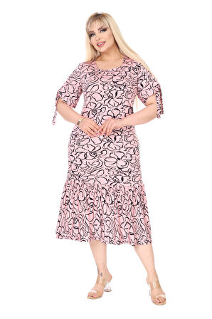 Melsay Butik İnci Pembesi Çiçek Desen Kolları Bağlamalı Kısa Kollu Elbise