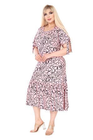 Melsay Butik İnci Pembesi Çiçek Desen Kolları Bağlamalı Kısa Kollu Elbise