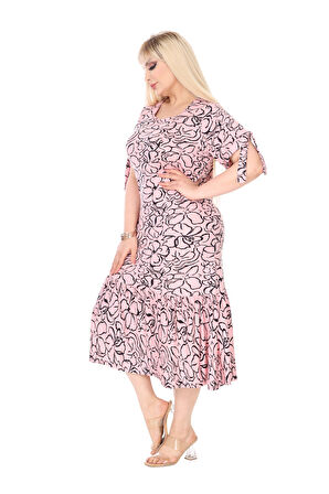 Melsay Butik İnci Pembesi Çiçek Desen Kolları Bağlamalı Kısa Kollu Elbise