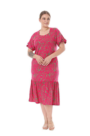 Melsay Butik Fuşya Çiçek Desen Kolları Bağlamalı Kısa Kollu Elbise
