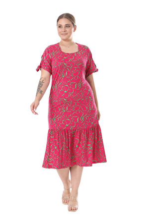 Melsay Butik Fuşya Çiçek Desen Kolları Bağlamalı Kısa Kollu Elbise