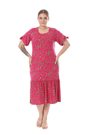 Melsay Butik Fuşya Çiçek Desen Kolları Bağlamalı Kısa Kollu Elbise