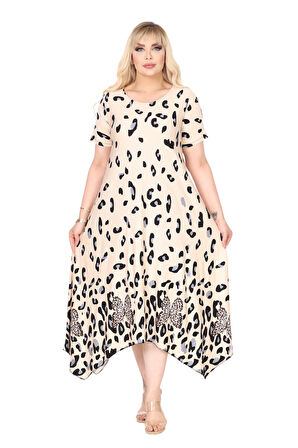 Melsay Butik Bej Sulu Leopar Desenli Asimetrik Kısa Kollu Elbise