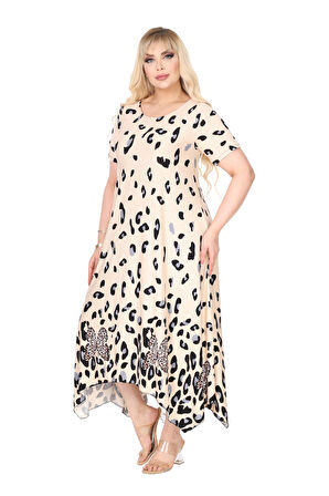 Melsay Butik Bej Sulu Leopar Desenli Asimetrik Kısa Kollu Elbise
