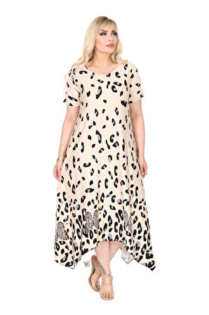 Melsay Butik Bej Sulu Leopar Desenli Asimetrik Kısa Kollu Elbise