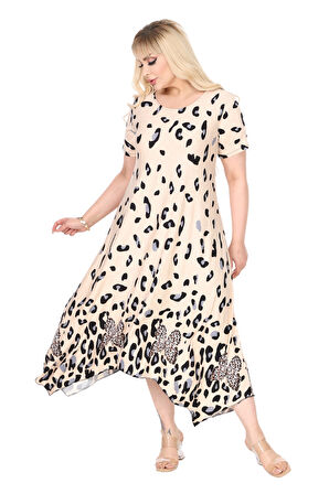 Melsay Butik Bej Sulu Leopar Desenli Asimetrik Kısa Kollu Elbise