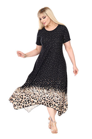 Melsay Butik Siyah Puanlı Eteği Leopar Desen Asimetrik Kısa Kollu Elbise