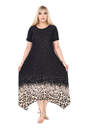 Melsay Butik Siyah Puanlı Eteği Leopar Desen Asimetrik Kısa Kollu Elbise