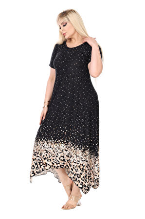 Melsay Butik Siyah Puanlı Eteği Leopar Desen Asimetrik Kısa Kollu Elbise