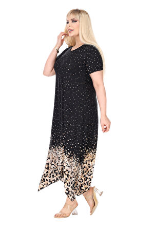 Melsay Butik Siyah Puanlı Eteği Leopar Desen Asimetrik Kısa Kollu Elbise