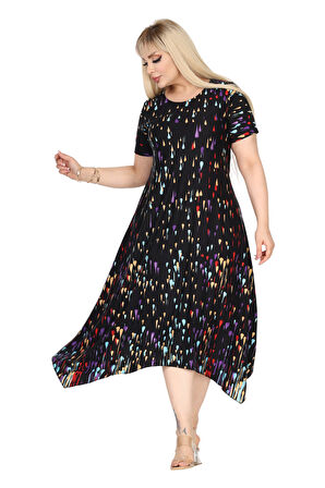 Melsay Butik Siyah Renkli Yağlıboya Desen Asimetrik Kısa Kollu Elbise