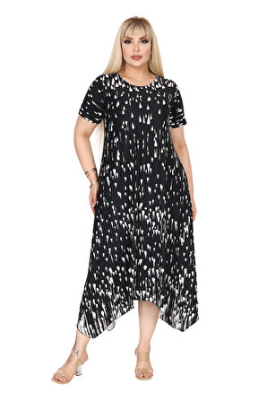 Melsay Butik Siyah Beyaz Yağlıboya Desen Asimetrik Kısa Kollu Elbise