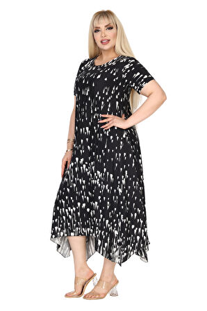 Melsay Butik Siyah Beyaz Yağlıboya Desen Asimetrik Kısa Kollu Elbise