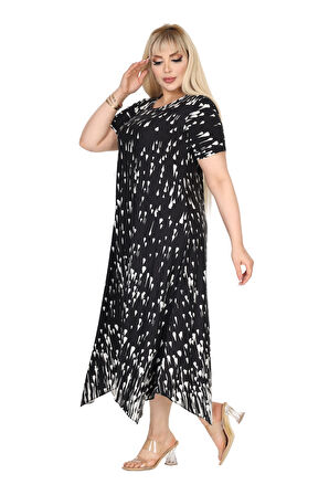 Melsay Butik Siyah Beyaz Yağlıboya Desen Asimetrik Kısa Kollu Elbise
