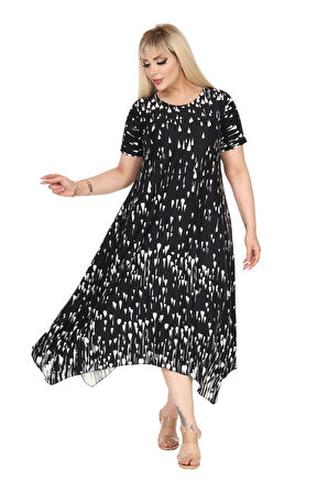 Melsay Butik Siyah Beyaz Yağlıboya Desen Asimetrik Kısa Kollu Elbise