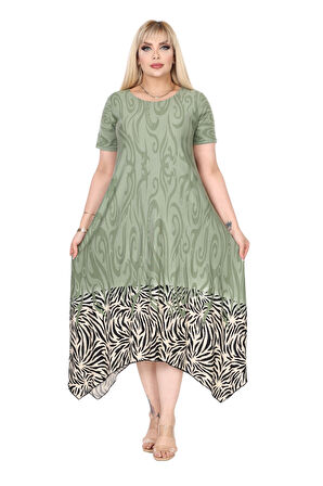 Melsay Butik Haki Eteği Çizgili Desen Asimetrik Kısa Kollu Elbise