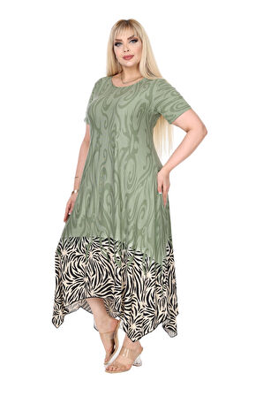 Melsay Butik Haki Eteği Çizgili Desen Asimetrik Kısa Kollu Elbise