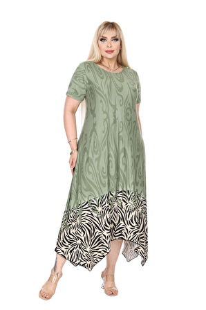 Melsay Butik Haki Eteği Çizgili Desen Asimetrik Kısa Kollu Elbise