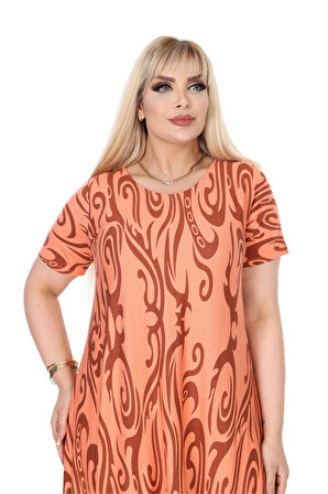 Melsay Butik Turuncu Eteği Çizgili Desen Asimetrik Kısa Kollu Elbise