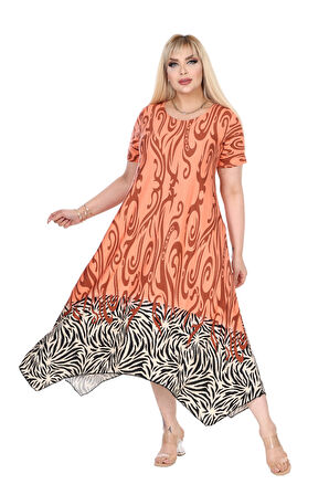 Melsay Butik Turuncu Eteği Çizgili Desen Asimetrik Kısa Kollu Elbise