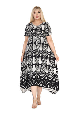 Melsay Butik Beyaz Retro Desen Asimetrik Kısa Kollu Elbise