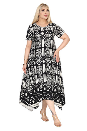 Melsay Butik Beyaz Retro Desen Asimetrik Kısa Kollu Elbise