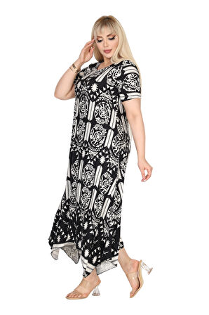 Melsay Butik Beyaz Retro Desen Asimetrik Kısa Kollu Elbise