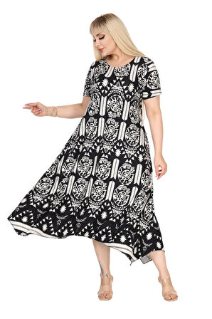 Melsay Butik Beyaz Retro Desen Asimetrik Kısa Kollu Elbise