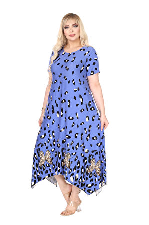 Melsay Butik Mavi Sulu Leopar Desen Asimetrik Kısa Kollu Elbise