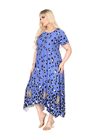 Melsay Butik Mavi Sulu Leopar Desen Asimetrik Kısa Kollu Elbise