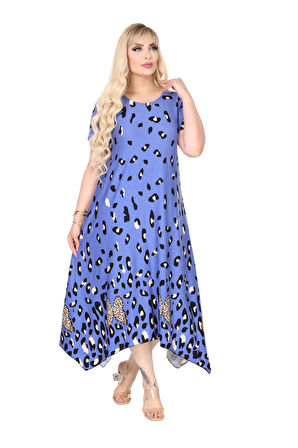 Melsay Butik Mavi Sulu Leopar Desen Asimetrik Kısa Kollu Elbise