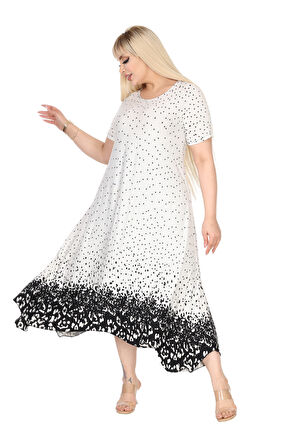 Melsay Butik Beyaz Puanlı Eteği Leopar Desen Asimetrik Kısa Kollu Elbise