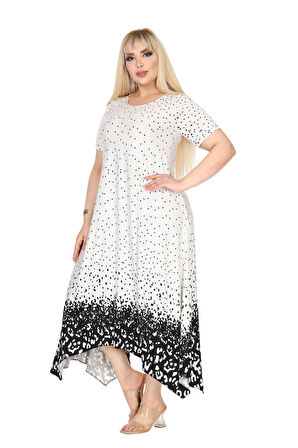 Melsay Butik Beyaz Puanlı Eteği Leopar Desen Asimetrik Kısa Kollu Elbise