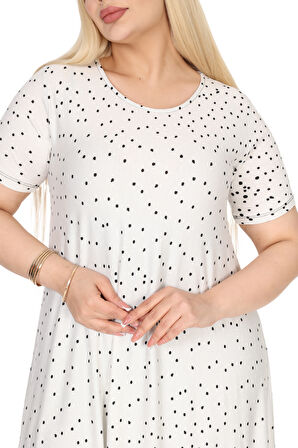 Melsay Butik Beyaz Puanlı Eteği Leopar Desen Asimetrik Kısa Kollu Elbise