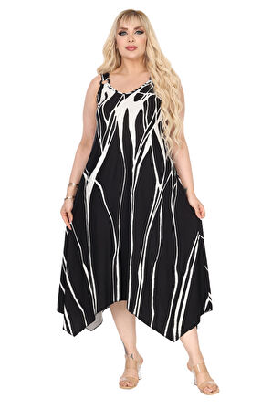 Melsay Butik Askılı V Yaka Toka Detaylı Beyaz Lav Desen Elbise