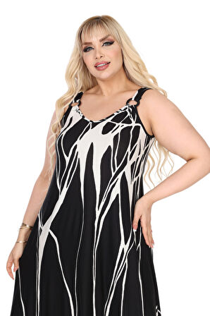 Melsay Butik Askılı V Yaka Toka Detaylı Beyaz Lav Desen Elbise