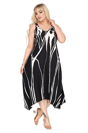 Melsay Butik Askılı V Yaka Toka Detaylı Beyaz Lav Desen Elbise