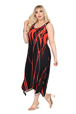 Melsay Butik Askılı V Yaka Toka Detaylı Kırmızı Lav Desen Elbise