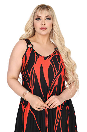 Melsay Butik Askılı V Yaka Toka Detaylı Kırmızı Lav Desen Elbise