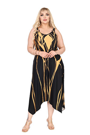 Melsay Butik Askılı V Yaka Toka Detaylı Sarı Lav Desen Elbise