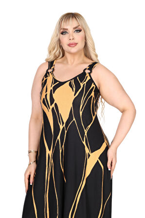 Melsay Butik Askılı V Yaka Toka Detaylı Sarı Lav Desen Elbise