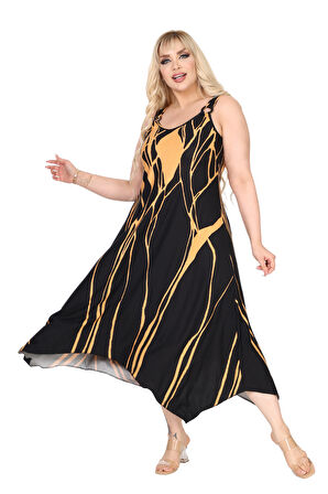 Melsay Butik Askılı V Yaka Toka Detaylı Sarı Lav Desen Elbise