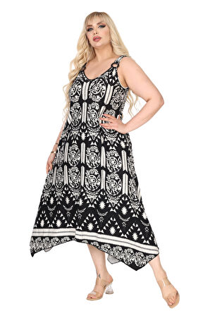 Melsay Butik Askılı V Yaka Toka Detaylı Beyaz Retro Desen Elbise