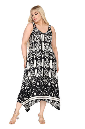 Melsay Butik Askılı V Yaka Toka Detaylı Beyaz Retro Desen Elbise