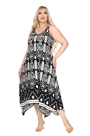 Melsay Butik Askılı V Yaka Toka Detaylı Beyaz Retro Desen Elbise