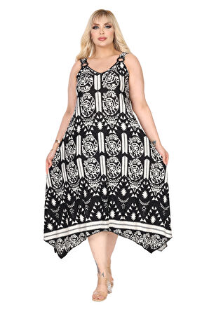 Melsay Butik Askılı V Yaka Toka Detaylı Beyaz Retro Desen Elbise