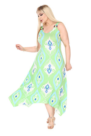 Melsay Butik Askılı V Yaka Toka Detaylı Yeşil Motif Desen Elbise