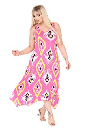 Melsay Butik Askılı V Yaka Toka Detaylı Pembe Motif Desen Elbise