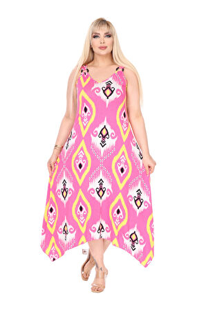 Melsay Butik Askılı V Yaka Toka Detaylı Pembe Motif Desen Elbise